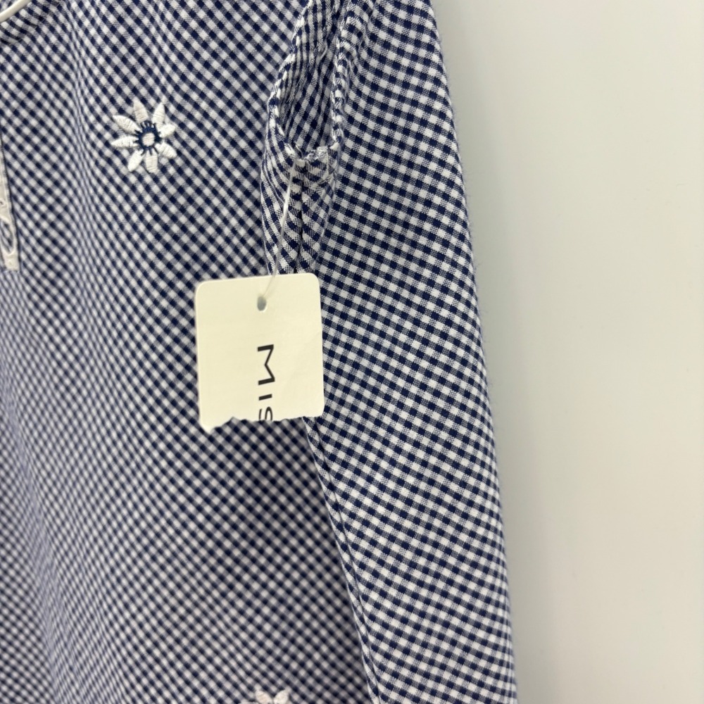 Miss Elaine Nightgown Women L Navy Gingham Floral Embroidered Ruffle Sleepwear - Picture 4 of 10